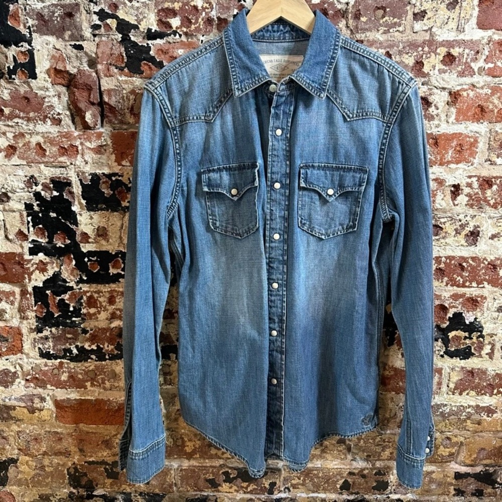 American Eagle Western Shirt Pearl Snap Long Sleeve Blue Jean Denim Mens Medium